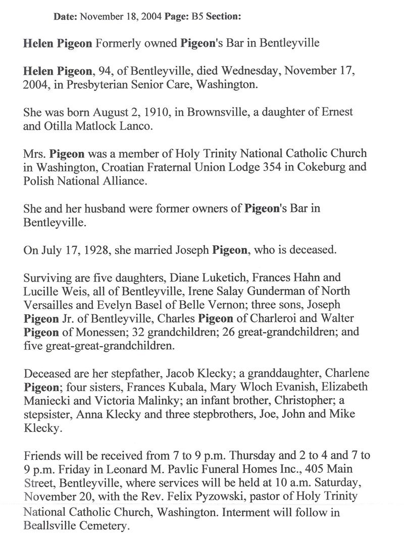 Helen Pigeon obit
